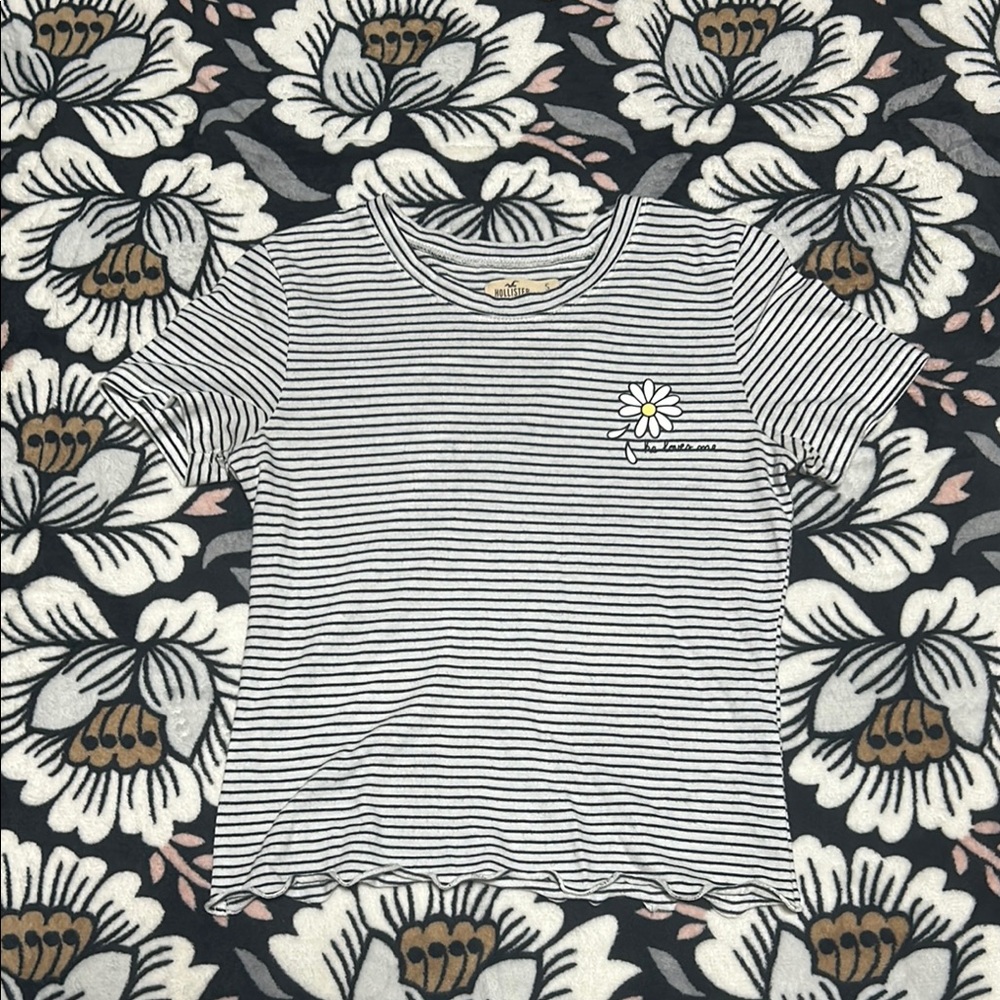 Striped Black and White T-Shirt with Daisy Print